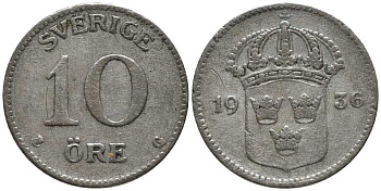 Швеция 10 эре 1936 G, Густав V (1907-1950), короткая 6 КМ 780 серебро 201-1057