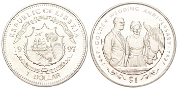 Либерия 1 доллар 1997 50 лет свадьбе Королевы Елизаветы II и Принца Филиппа KM 330 медно-никель BU 4044-444