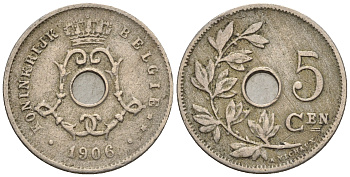 Бельгия 5 сантимов 1906 Belgie, Леопольд II (1865-1909) KM 55 медно-никель 4609-114