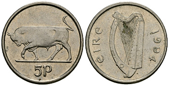 Ирландия 5 пенсов 1994 бык KM 28 медно-никель 4136-923