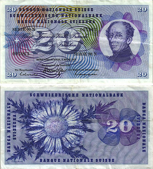 Швейцария 20 франков 1973 7 марта 1973, серия 90 N, подпись 42, Гийом-Анри Дюфур Pick 46u бумага 8606-14-3-2