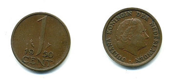НИДЕРЛАНДЫ 1 ЦЕНТ 1950 ЮЛИАНА KM 180 бронза 76-246