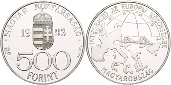 Венгрия 500 форинтов 1993 интеграция в ЕС, мост с Европой KM 704 серебро PROOF 1088-9-34