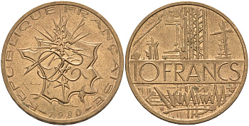 Франция 10 франков 1980 тип Матье KM 940, Le Franc 365.15-16 никель латунь 4599-1026