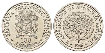 Португалия, Азорские острова 100 эскудо 1986 10 лет автономии Азорских островов KM 45 медно-никель UNC 4572-944