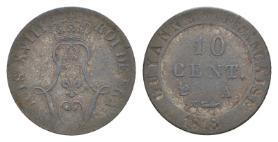 Французская Гвиана 10 сантимов 1818 год-тип KM A1 серебро 1524-924