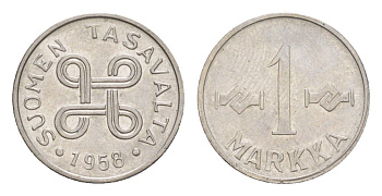 Финляндия 1 марка 1958 KM 36a железо плакированное никелем 4647-435