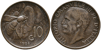 Италия 10 чентезимо 1928 R, Виктор Эммануил III (1900-1946), пчела KM 60 бронза 28-843