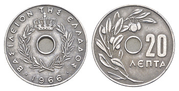 Греция 20 лепт 1966 Константин II (1964-1973), оливковая ветвь KM 79 алюминий 4573-1134