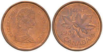 Канада 1 цент 1987 Елизавета II (1952-2022), кленовый лист KM 132 бронза 4164-625