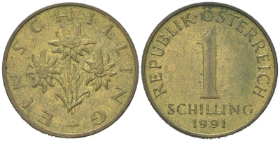 Австрия 1 шиллинг 1991 KM 2886 алюминиевая бронза 210-847