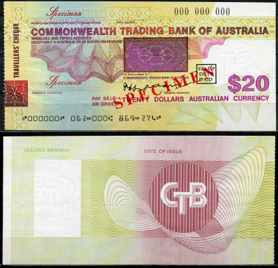 Австралия, Оптовый банк 20 долларов ND дорожные чек, образец Specimen   бумага  UNC (пресс) 444-35-3-2