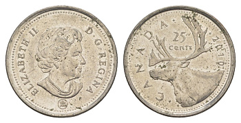Канада 25 центов 2010 Leaf, Елизавета II (1952-2022), олень KM 2296 сталь плакированная никелем UNC 4631-727