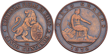 Испания 10 сентимо 1870 ОМ, лев со щитом KM 663 (Y54) медь 31-1051