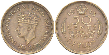 Цейлон 50 центов 1943 KM 116 никель латунь 4620-1152