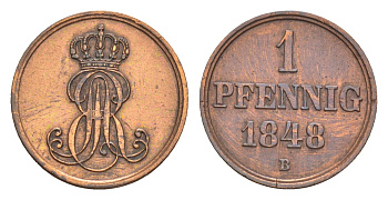 Ганновер 1 пфенниг 1848 B, Эрнст Август I (1837-1851) KM 201.1, AKS 129, J. 74 медь    4658-1053
