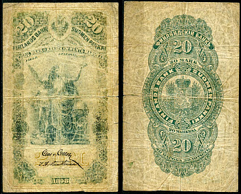 Россия для Финляндии 20 марок золотом 1898 Финляндский банк. Член правления von Collan. Кассир Landtman. Pick 5 a  бумага   451-490-1