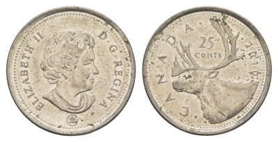 Канада 25 центов 2010 Leaf, Елизавета II (1952-2022), олень KM 2296 сталь плакированная никелем UNC 4631-727