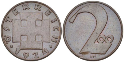 Австрия 200 крон 1924 Республика, денежная реформа KM 2833 бронза  201-165
