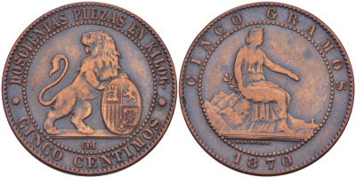 Испания 10 сентимо 1870 ОМ, лев со щитом KM 663 (Y54) медь 31-1051