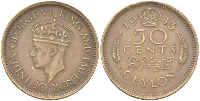 Цейлон 50 центов 1943 KM 116 никель латунь 4620-1152