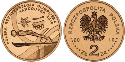 Польша 2 злотых 2010 MW, XXI Зимние Олимпийские игры в Ванкувере 2010 года, польская сборная KM 715 нордик UNC 4676-642