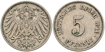 Германия 5 пфеннигов 1911 E KM 11, Jager 12, Weege 6 медно-никель 08-1337