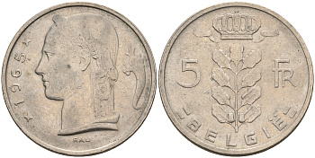 БЕЛЬГИЯ 5 ФРАНКОВ 1965 BELGIE KM 135.1 медно-никель 92-421