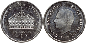 Швеция 1 крона 2008 Карл XVI Густав (1973- ) KM 894 медно-никель 87-855
