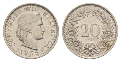 Швейцария 20 раппенов 1969 B KM 29a медно-никель 4625-1165