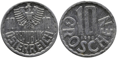 АВСТРИЯ 10 ГРОШЕЙ 1990 KM 2878 алюминий 33-342