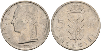БЕЛЬГИЯ 5 ФРАНКОВ 1965 BELGIE KM 135.1 медно-никель 92-421