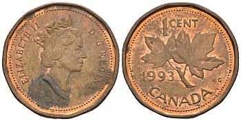 Канада 1 цент 1993 Елизавета II (1952-2022), кленовый лист KM 181 бронза 4609-241