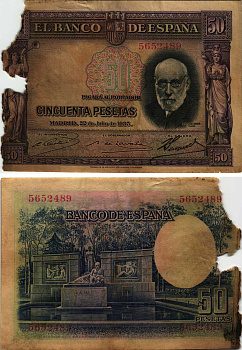 ИСПАНИЯ 50 ПЕСЕТ 1935 МАДРИД, 25 ИЮЛЯ 1935, САНТЬЯГО РАМОН-и-КАХАЛЬ (1852-1934), №5652489 Pick 88 бумага 8609-32-1-1