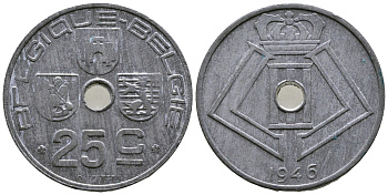 БЕЛЬГИЯ 25 САНТИМОВ 1946 BELGIQUE-BELGIE, ГЕРМАНСКАЯ ОККУПАЦИЯ, ВТОРАЯ МИРОВАЯ ВОЙНА KM 131 цинк UNC 4379-112