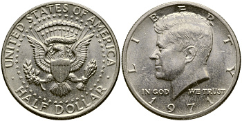 США 1/2 доллара (50 центов) 1971 Джон Кеннеди KM 202b медь плакированная медно-никелем 413-4442