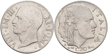 ИТАЛИЯ 20 ЧЕНТЕЗИМО 1941 R, ГОД XIX, ВИКТОР ЭММАНУИЛ III (1900-1946) KM 75b, VEM3. 1028 нержавеющая сталь 3853-817
