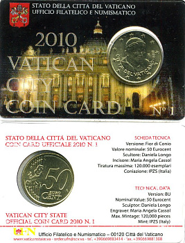 Ватикан 50 евроцентов 2010 Бенедикт XVI, в оригинальном блистере KM 387 латунь UNC 1-4-4-06