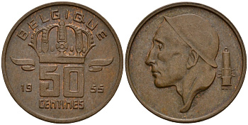 Бельгия 50 сантимов 1955 Belgique, Бодуэн I (1951-1993) KM 144 бронза 4154-1049