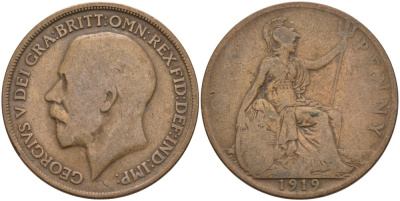 Великобритания 1 пенни 1919 Георг V (1910-1936) KM 810, Spink 4051 бронза 4572-1235