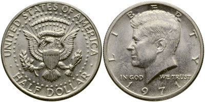 США 1/2 доллара (50 центов) 1971 Джон Кеннеди KM 202b медь плакированная медно-никелем 413-4442