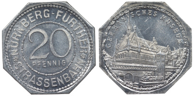 Германия, Нюрнберг - Фюрт 20 пфеннигов ND трамвайный жетон, германский музей алюминий UNC 4119-622