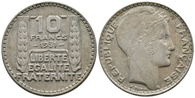 Франция 10 франков 1931 Пьер Тюрен KM 878, Le Franc 360.4 серебро 79-1411
