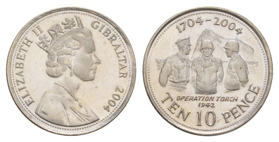 Гибралтар 10 пенсов 2004 300 лет захвату Гибралтара KM 1047 медно-никель UNC 4660-113