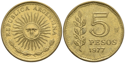 Аргентина 5 песо 1977 Ba, майское солнце KM 71, CJ 324, Schon 71 алюминиевая бронза    60-513