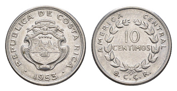 Коста-Рика 10 сентимо 1953 KM 185.1a нержавеющая сталь UNC 4636-159