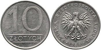 ПОЛЬША 10 ЗЛОТЫХ 1988 MW KM 152.1 медно-никель 113-1027