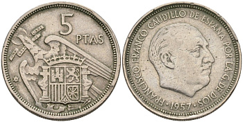 Испания 5 песет 1957(58) Франсиско Франко (1939-1975) KM 786 медно-никель 4571-1213