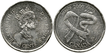 КАНАДА 25 ЦЕНТОВ 2000 МИЛЛЕНИУМ, ЕЛИЗАВЕТА II (1952-), ЗДОРОВЬЕ, ТРЕТИЙ ПОРТРЕТ В КОРОНЕ KM 373 никель 4543-815