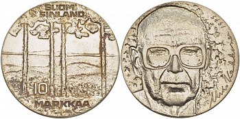 Финляндия 10 марок 1975 S-H, 75 лет президенту Урхо Кекконену KM 54 серебро UNC 1515-1634
